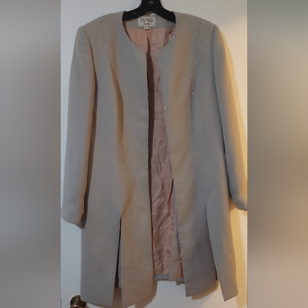 Elegant Tan Three Piece Suit With Rhinestone Embeleshments On Jacket